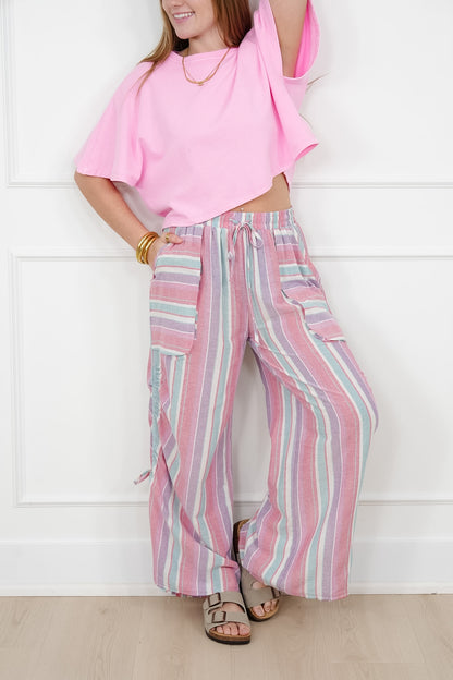 Stripe Pattern Gauze Elastic Waist Wide Leg Pants