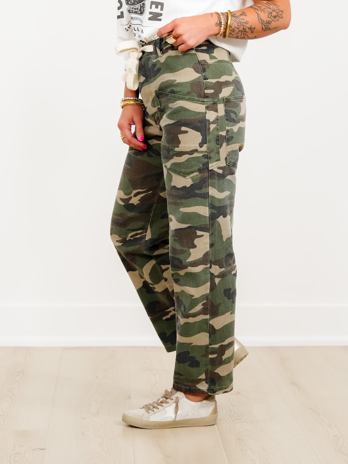 Vintage Washed Camouflage Cargo Pants With Rope Belt