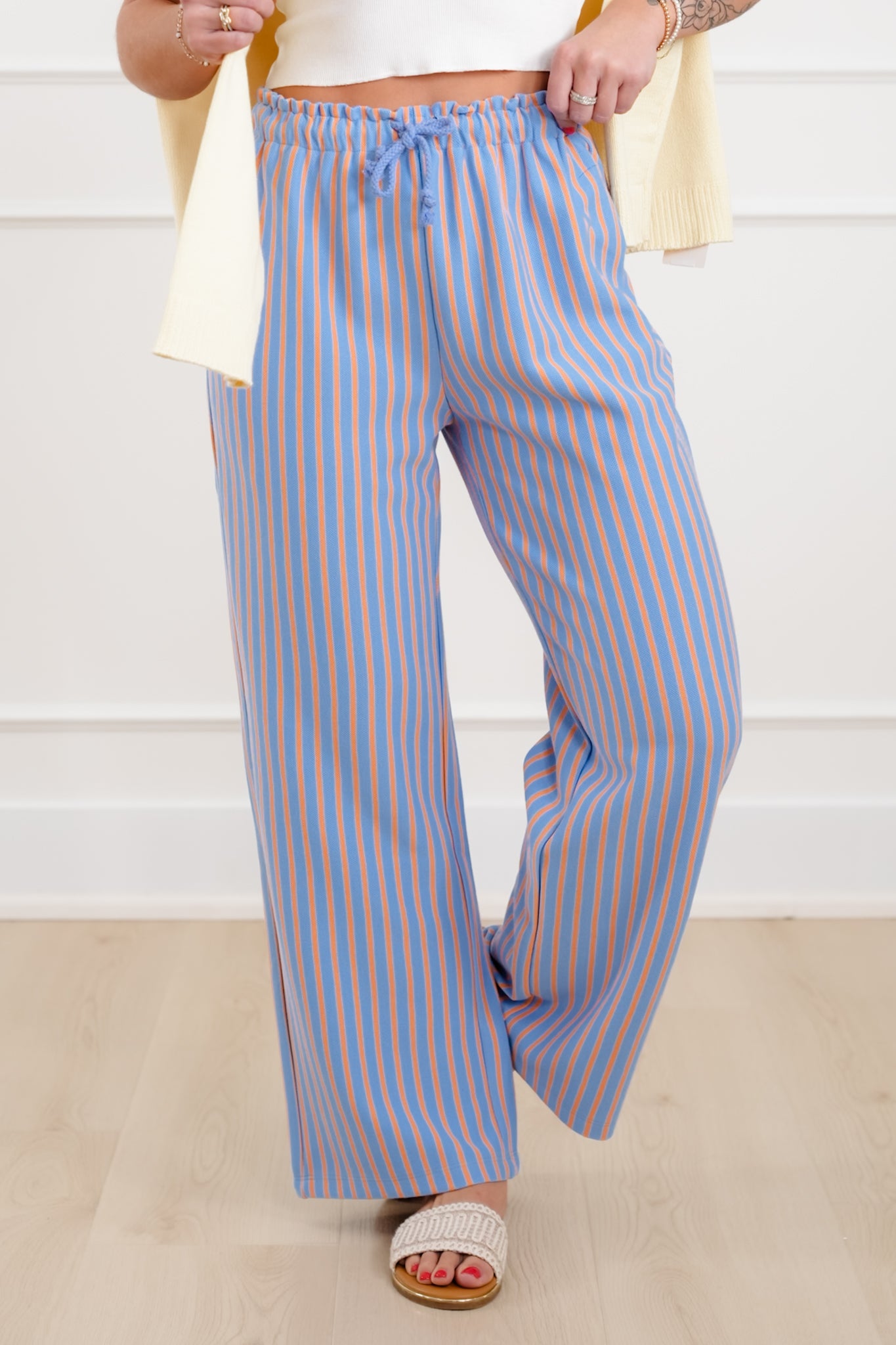 Stripe Elastic Waist Pants with Drawstring
