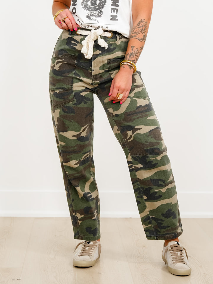 Vintage Washed Camouflage Cargo Pants With Rope Belt