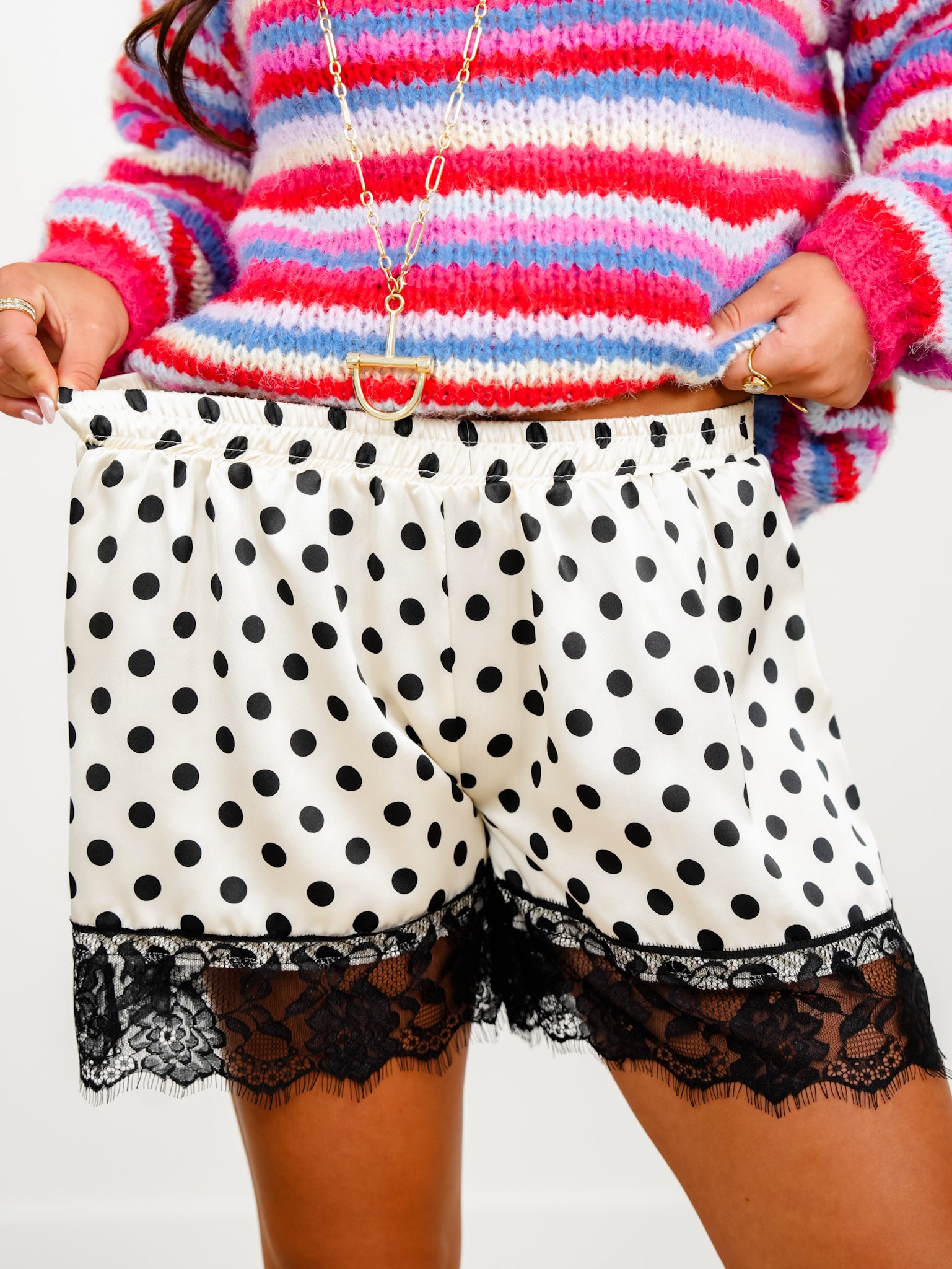 Plus/Reg Polka Dot Satin Elastic Waist Shorts - Freckled Poppy
