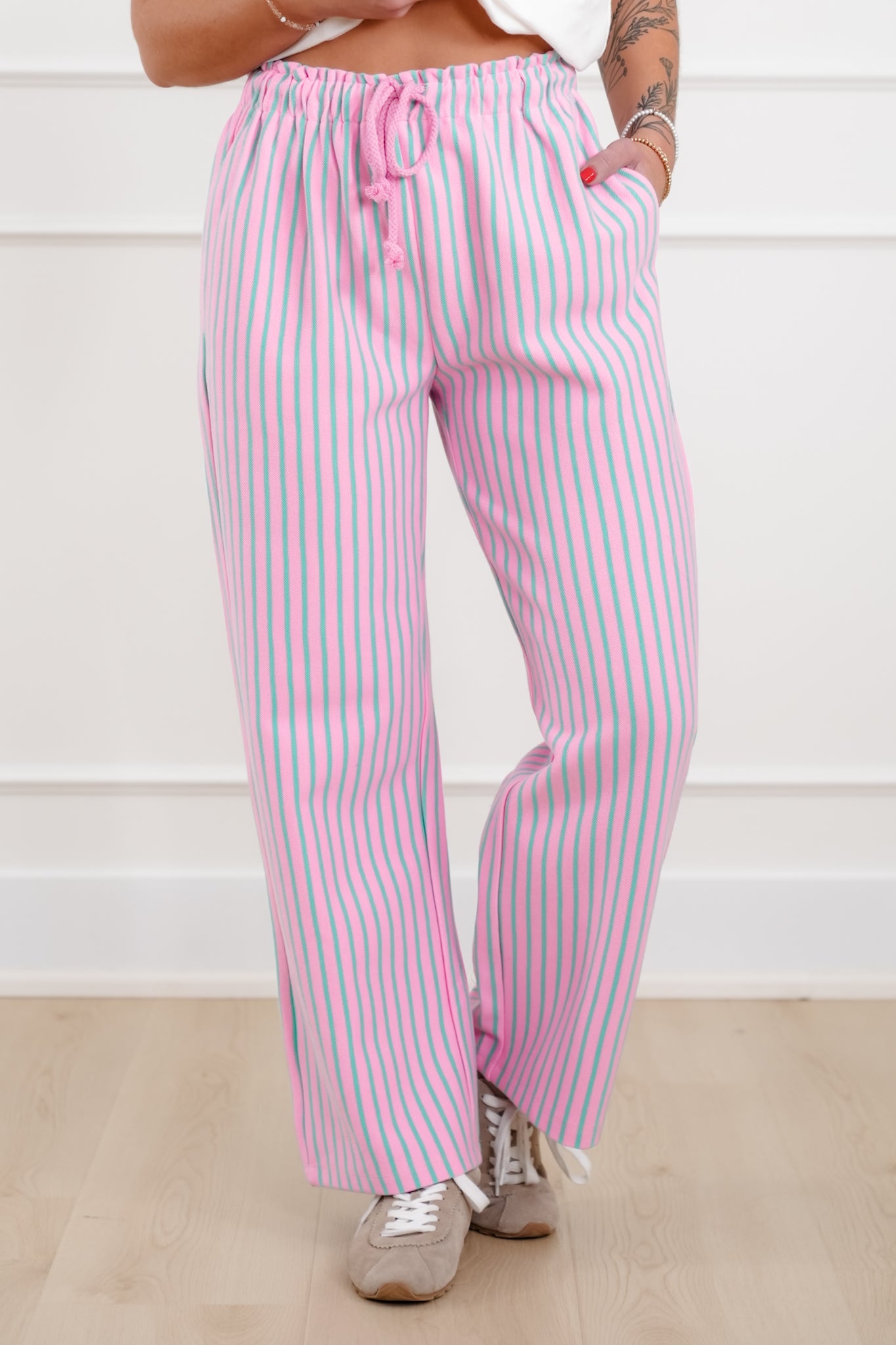Stripe Elastic Waist Pants with Drawstring
