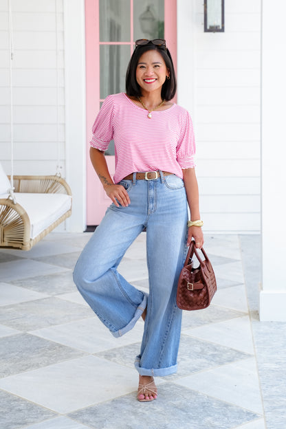 Stripe Short Sleeve Round Neck Top with Smocked Arm Detail