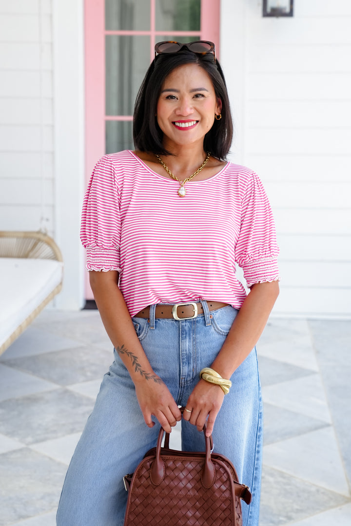 Stripe Short Sleeve Round Neck Top with Smocked Arm Detail