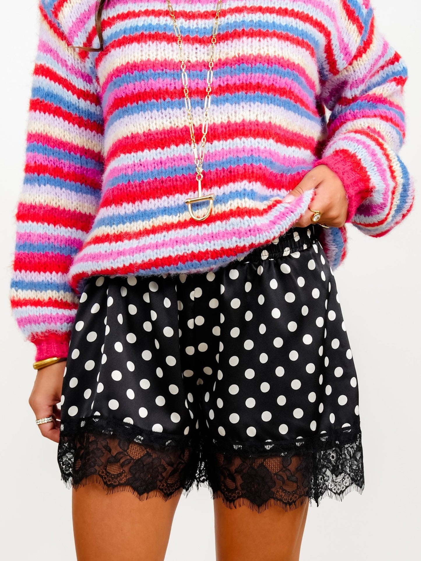 Plus/Reg Polka Dot Satin Elastic Waist Shorts - Freckled Poppy