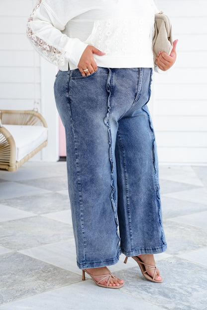 Plus/Reg Denim High Waist Wide Leg Jeans with Ruffle Detail