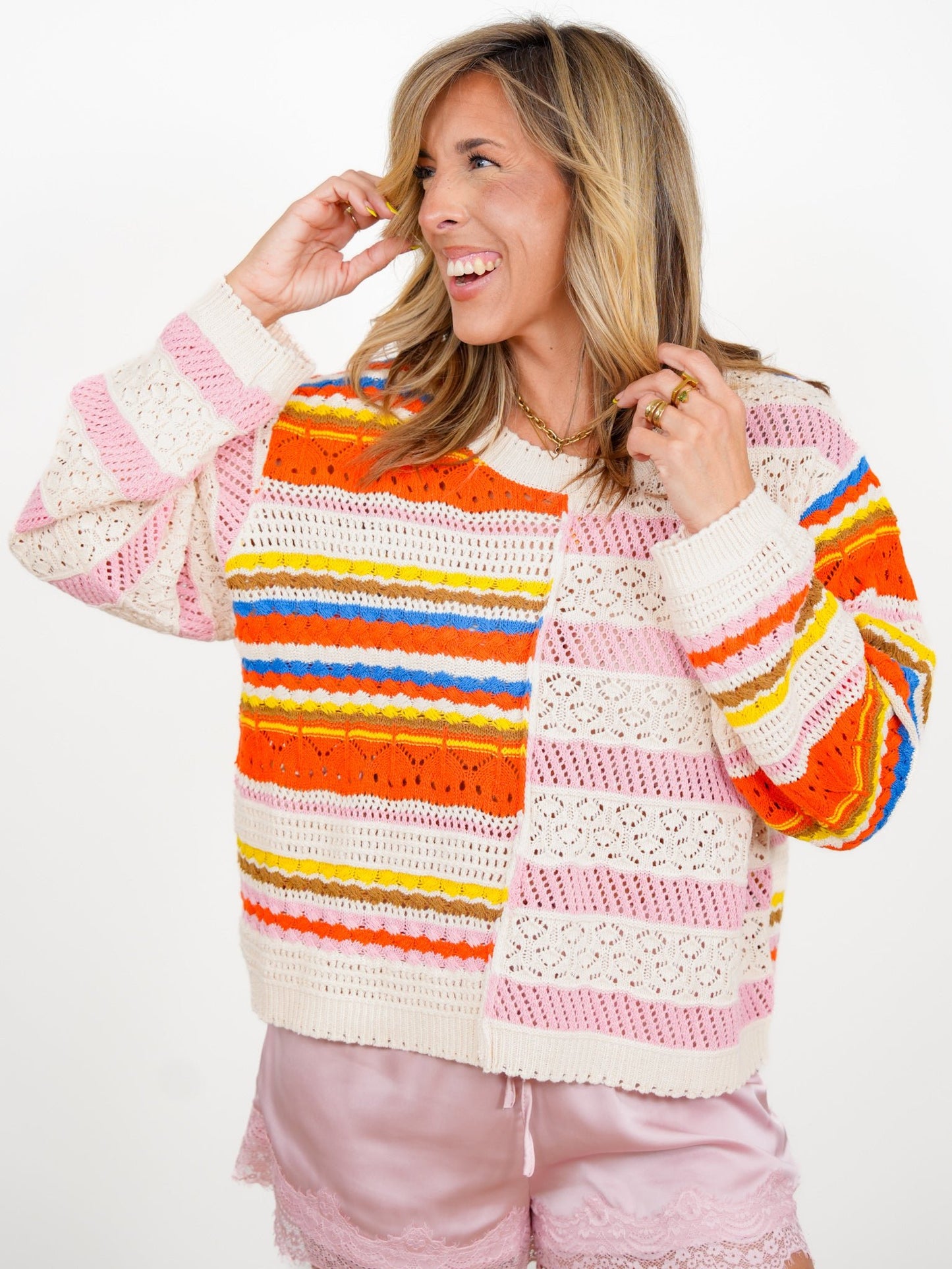 POL Color Block Stripe Long Sleeve Knit Sweater - Freckled Poppy