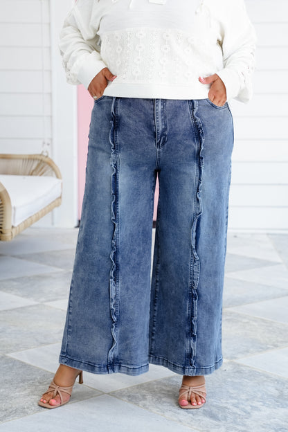 Plus/Reg Denim High Waist Wide Leg Jeans with Ruffle Detail