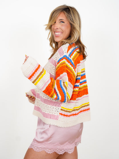 POL Color Block Stripe Long Sleeve Knit Sweater - Freckled Poppy
