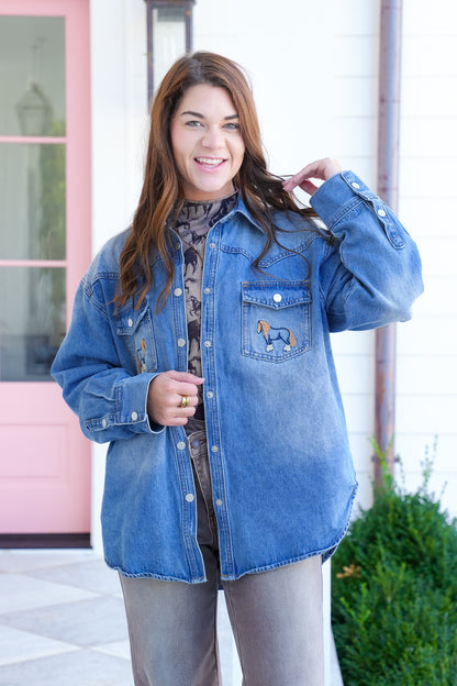 Medium Wash Long Sleeve Embroidered Horse Shacket
