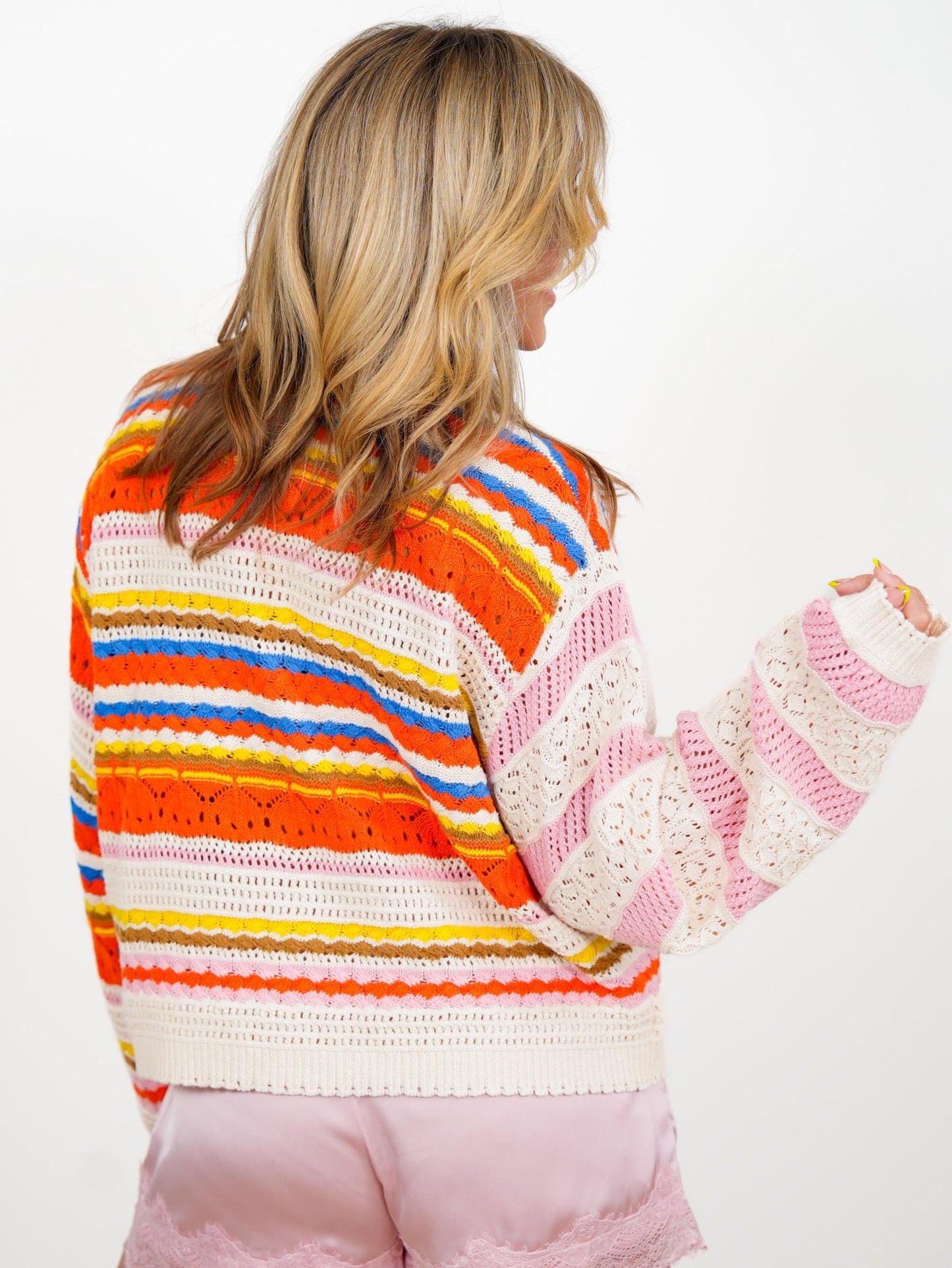 POL Color Block Stripe Long Sleeve Knit Sweater - Freckled Poppy
