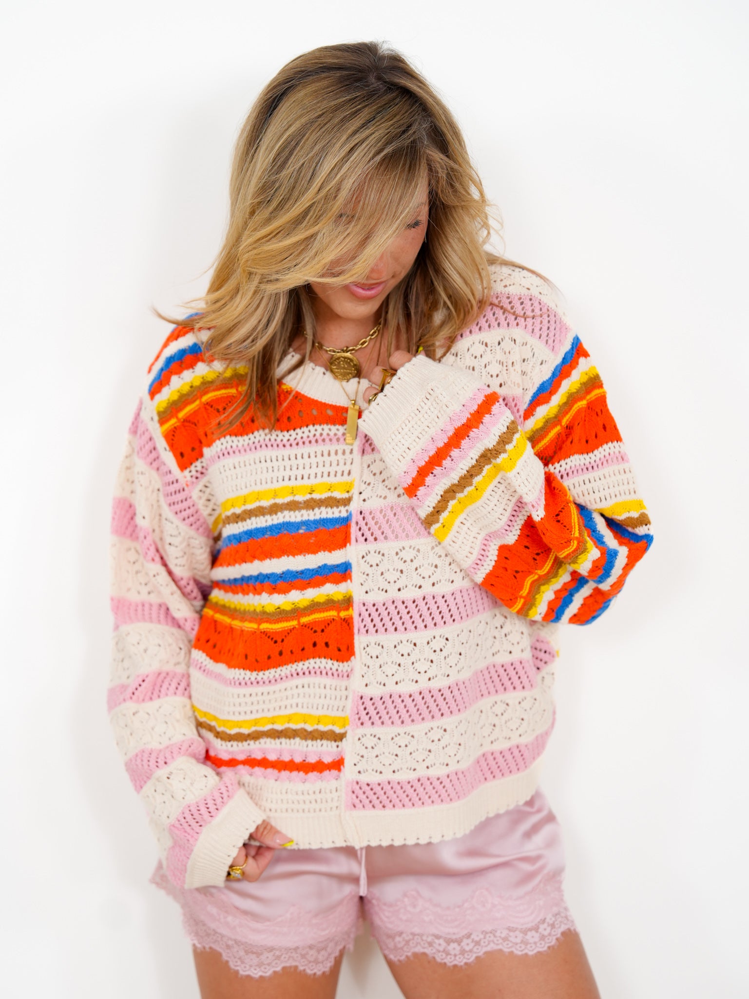 POL Color Block Stripe Long Sleeve Knit Sweater - Freckled Poppy
