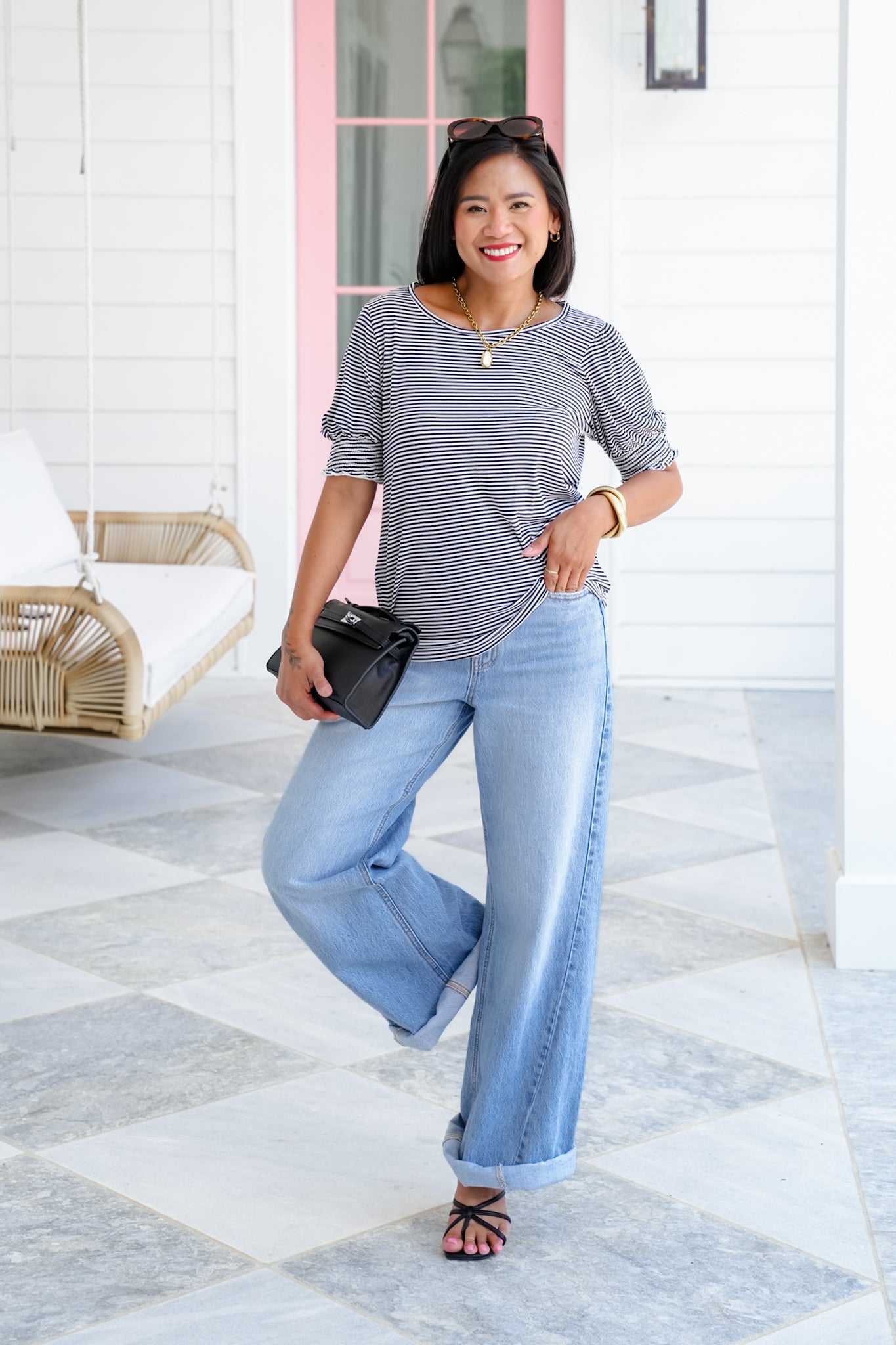 Stripe Short Sleeve Round Neck Top with Smocked Arm Detail