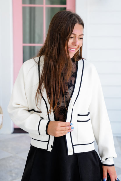 Plus/Reg Long Sleeve Button Down Cardigan with Contrast Trim Detail