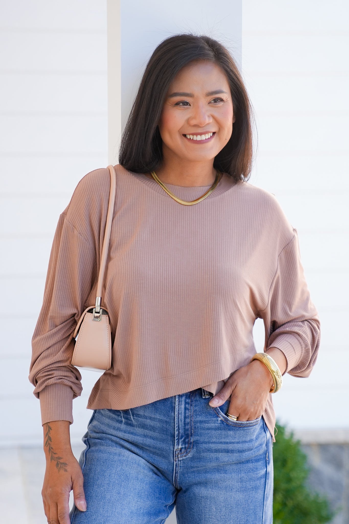 Ribbed Long Sleeve Layered Hem Top