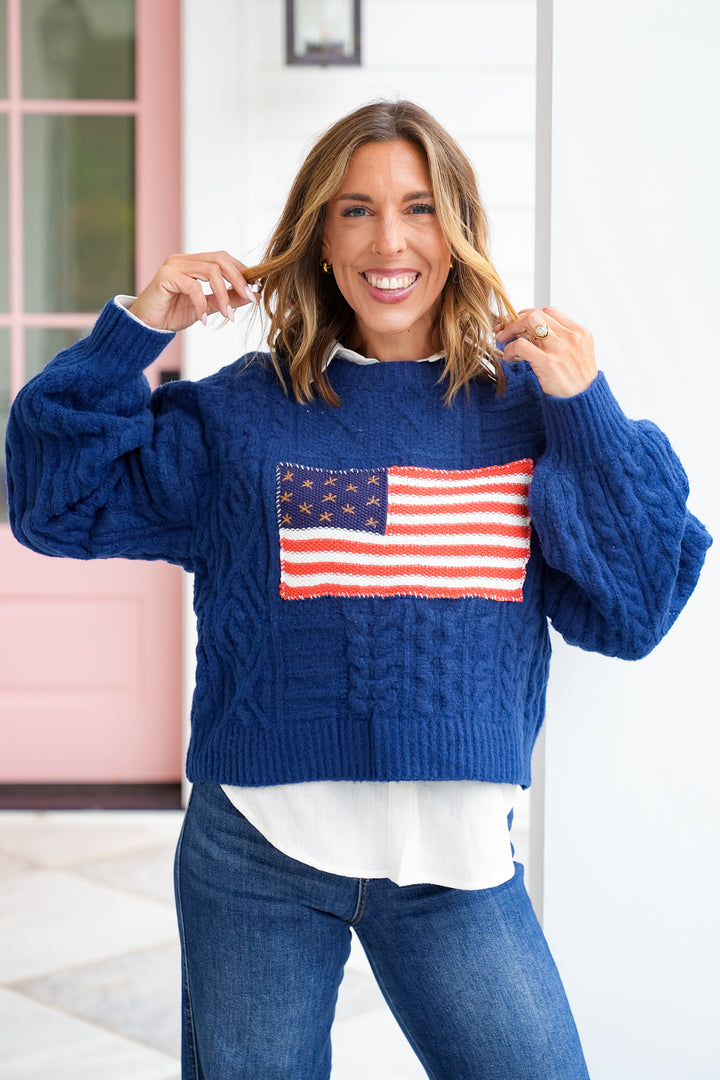 POL American Flag Print Long Sleeve Round Neck Sweater