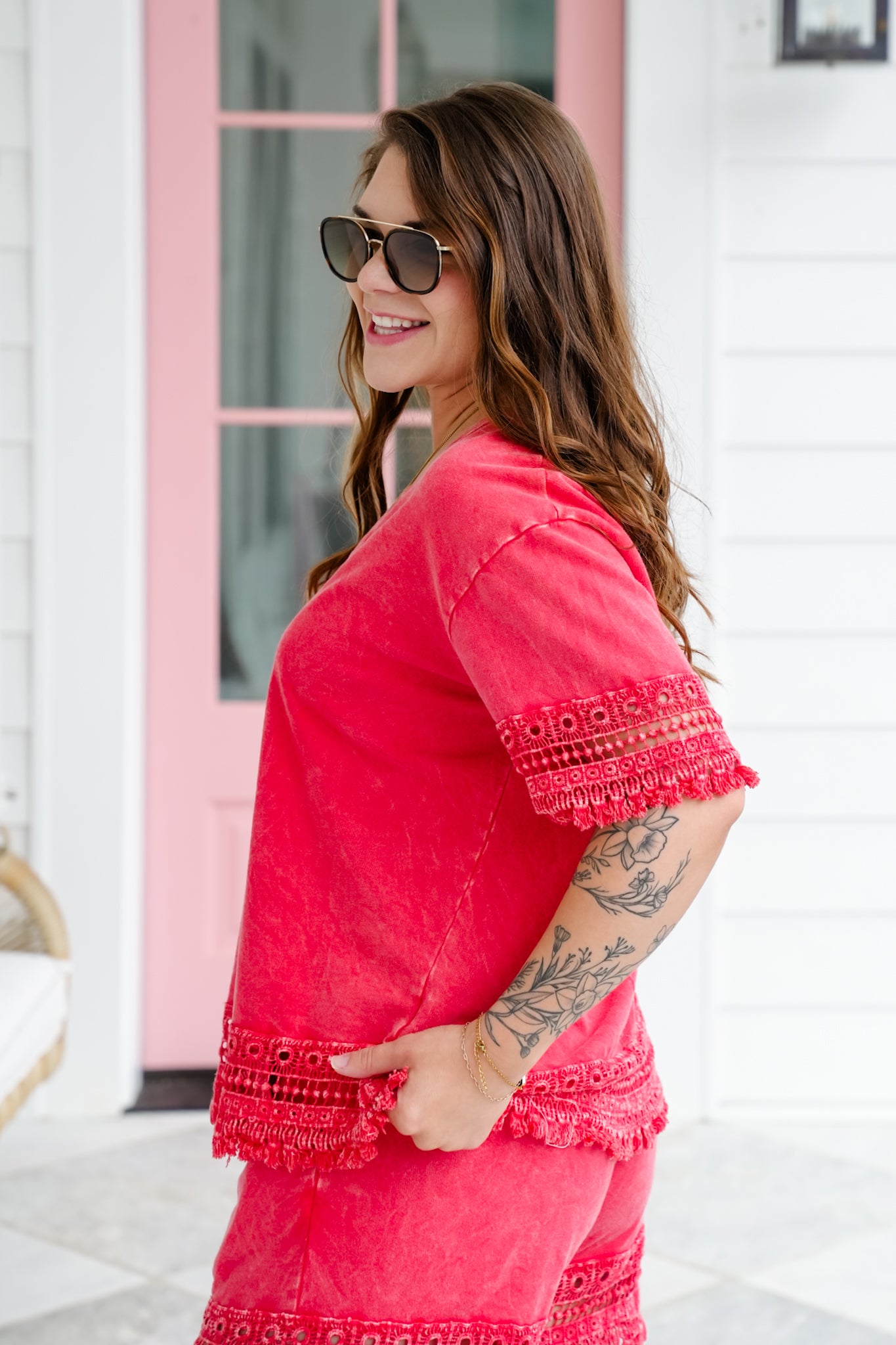 Mineral Wash Short Sleeve Top with Tassel Fringe Detail