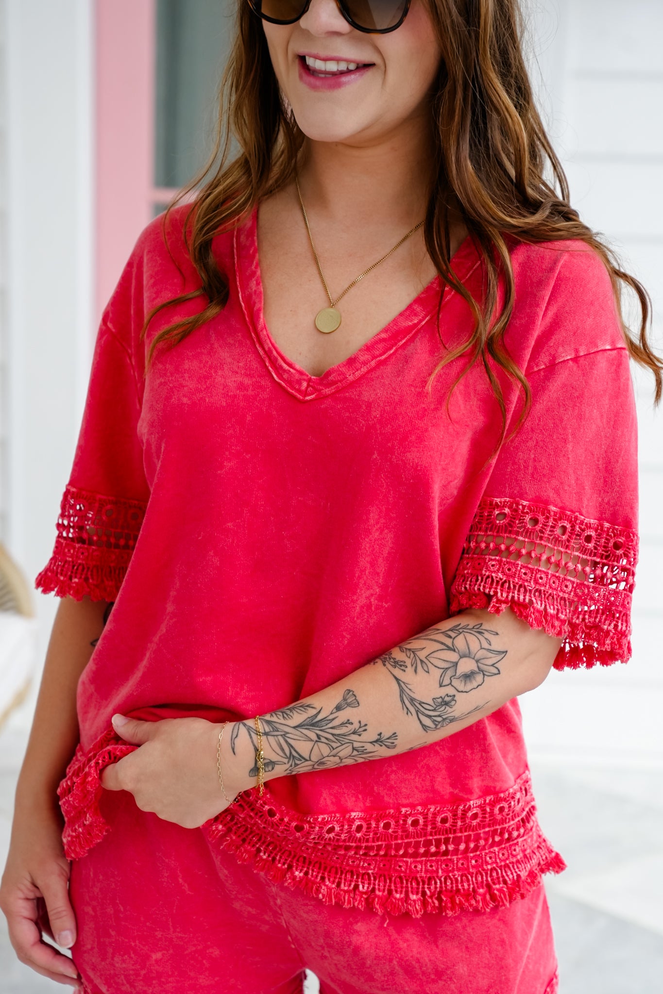 Mineral Wash Short Sleeve Top with Tassel Fringe Detail