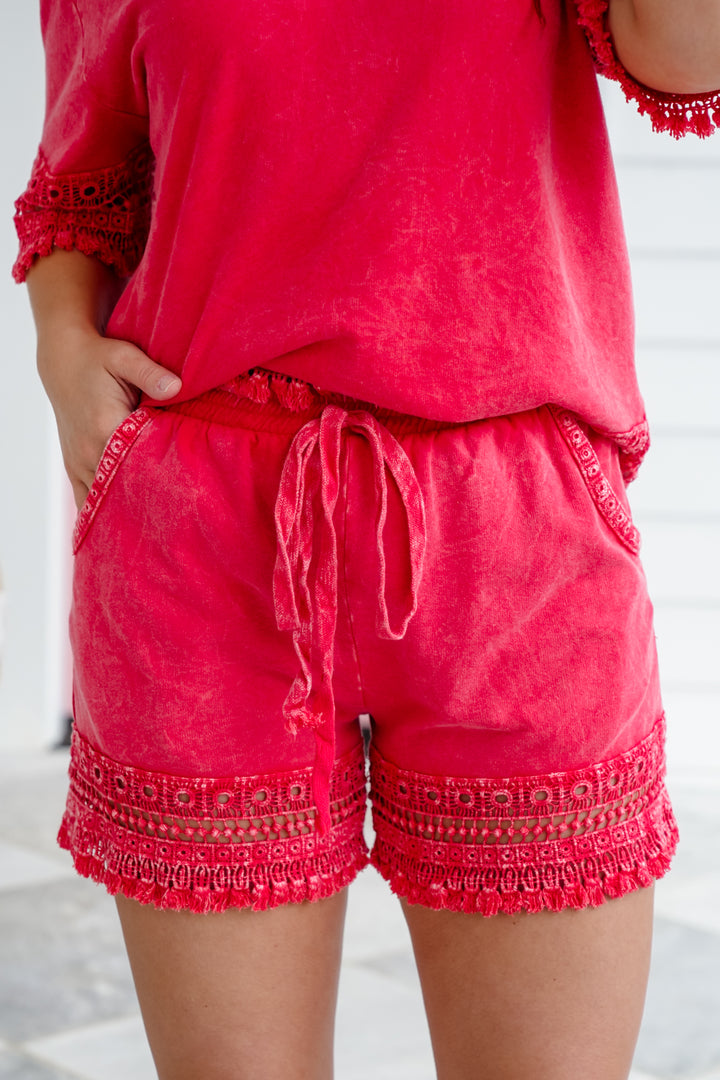 Mineral Wash Elastic Waist Shorts with Tassel Fringe Detail