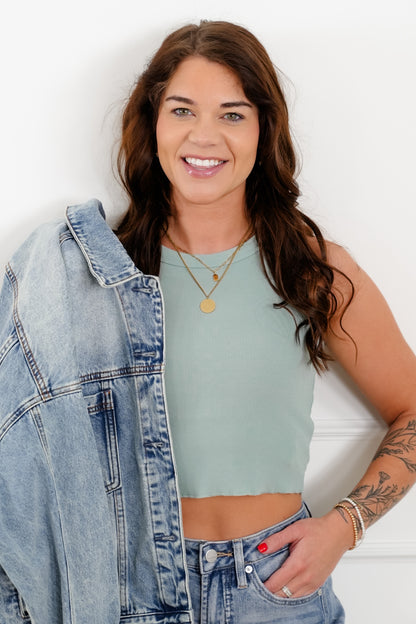 Ribbed Knit High Neck Cropped Tank Top