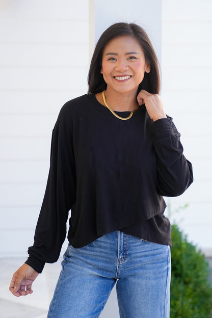 Ribbed Long Sleeve Layered Hem Top