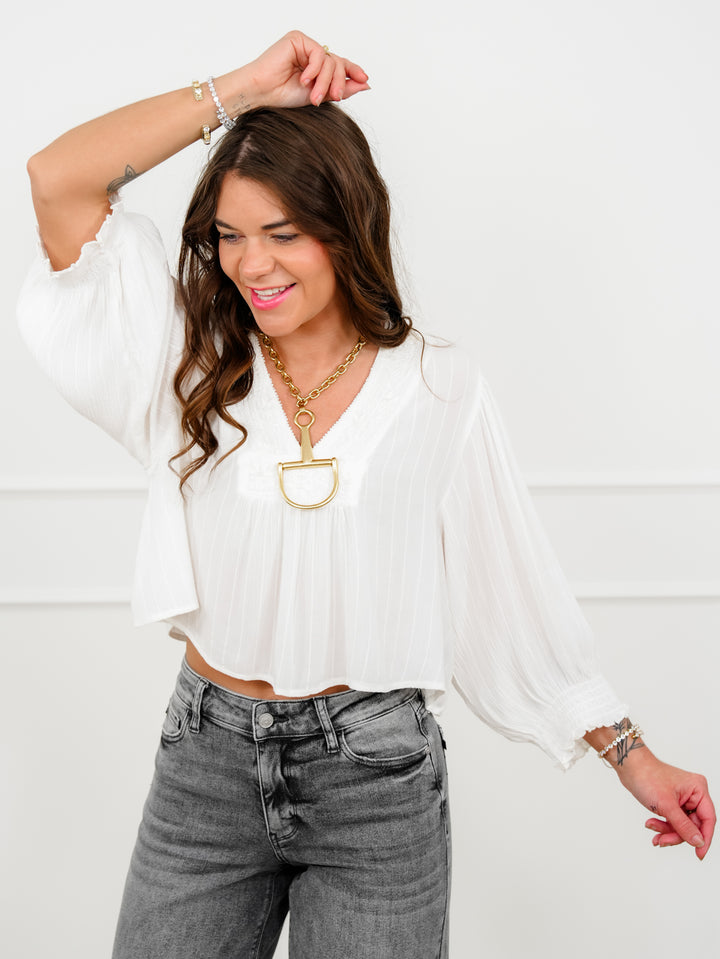 POL Long Sleeve Embroidered V Neck Crop Top