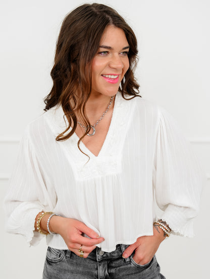 POL Long Sleeve Embroidered V Neck Crop Top