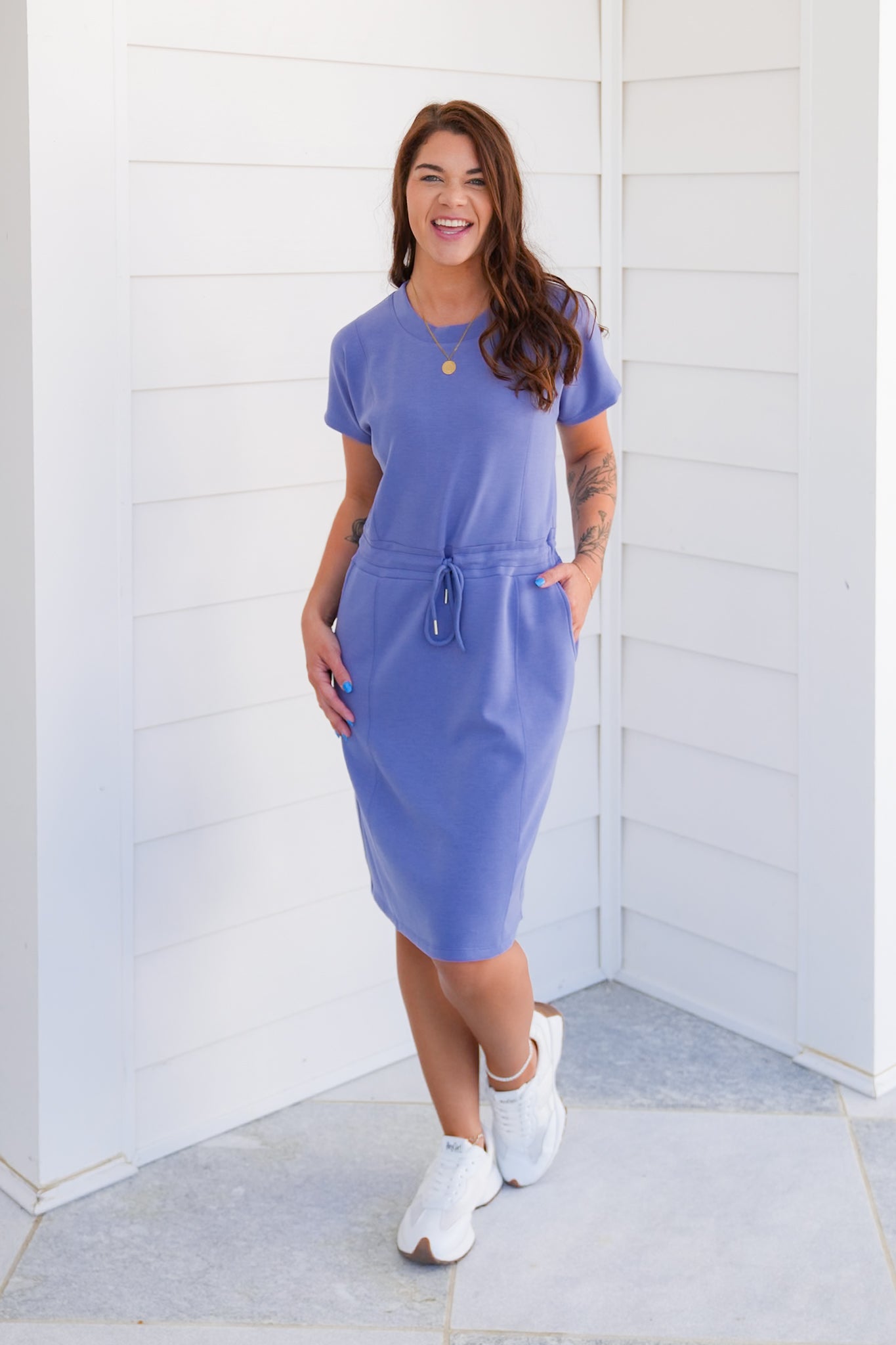 Solid Scuba Short Sleeve Dress with Pockets