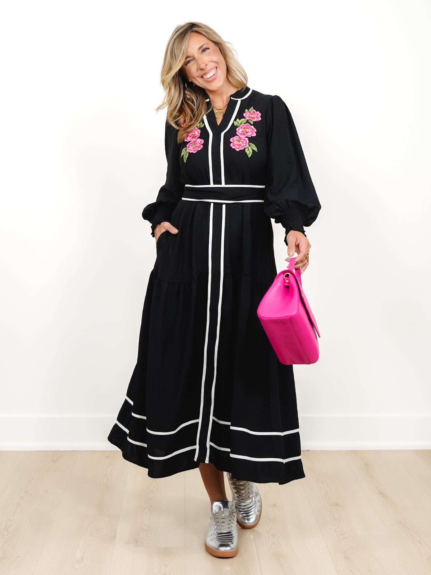 Plus/Reg Long Sleeve Midi Dress with Floral Embroidery
