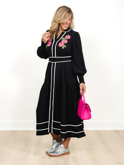Plus/Reg Long Sleeve Midi Dress with Floral Embroidery