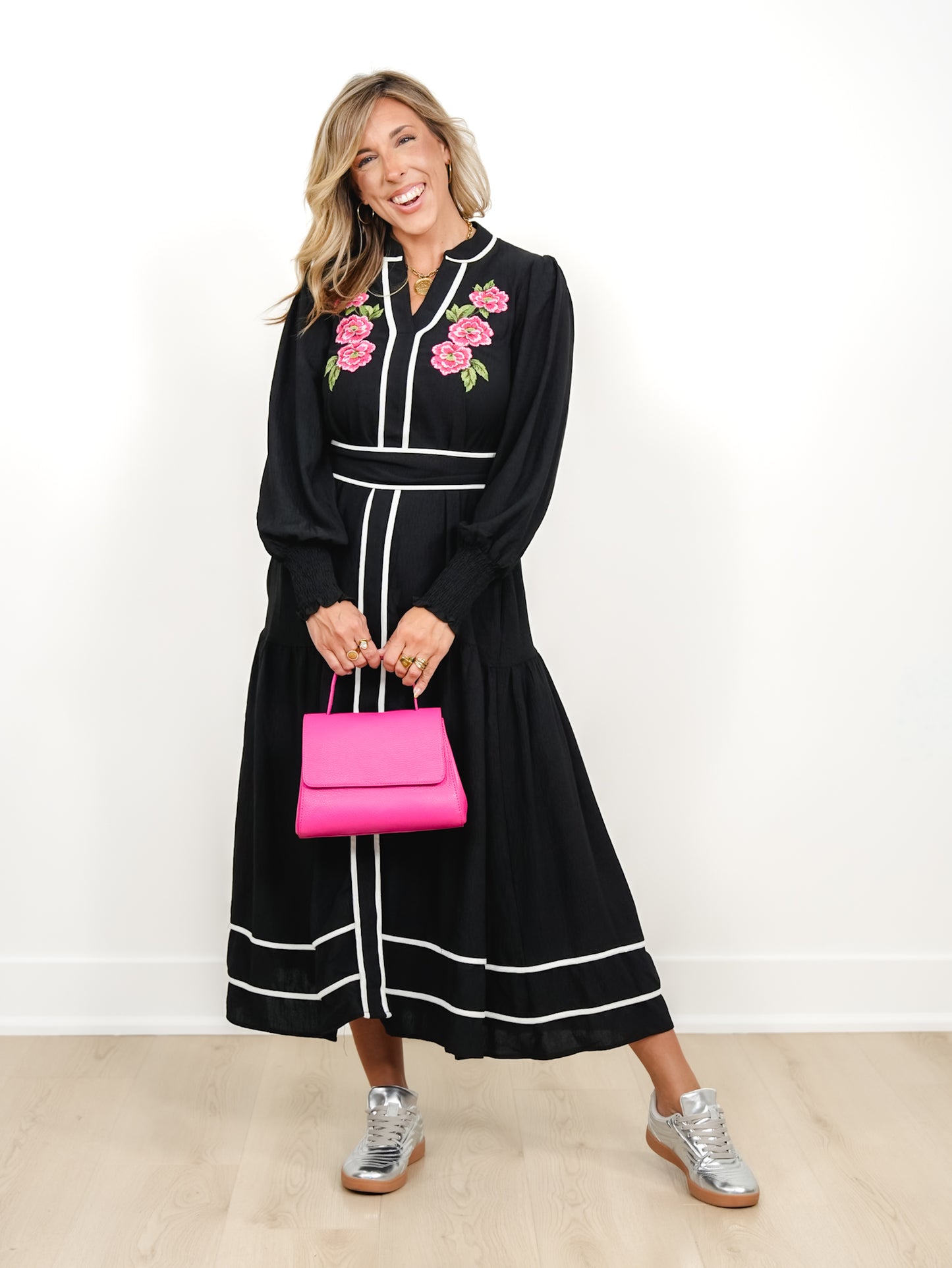 Plus/Reg Long Sleeve Midi Dress with Floral Embroidery
