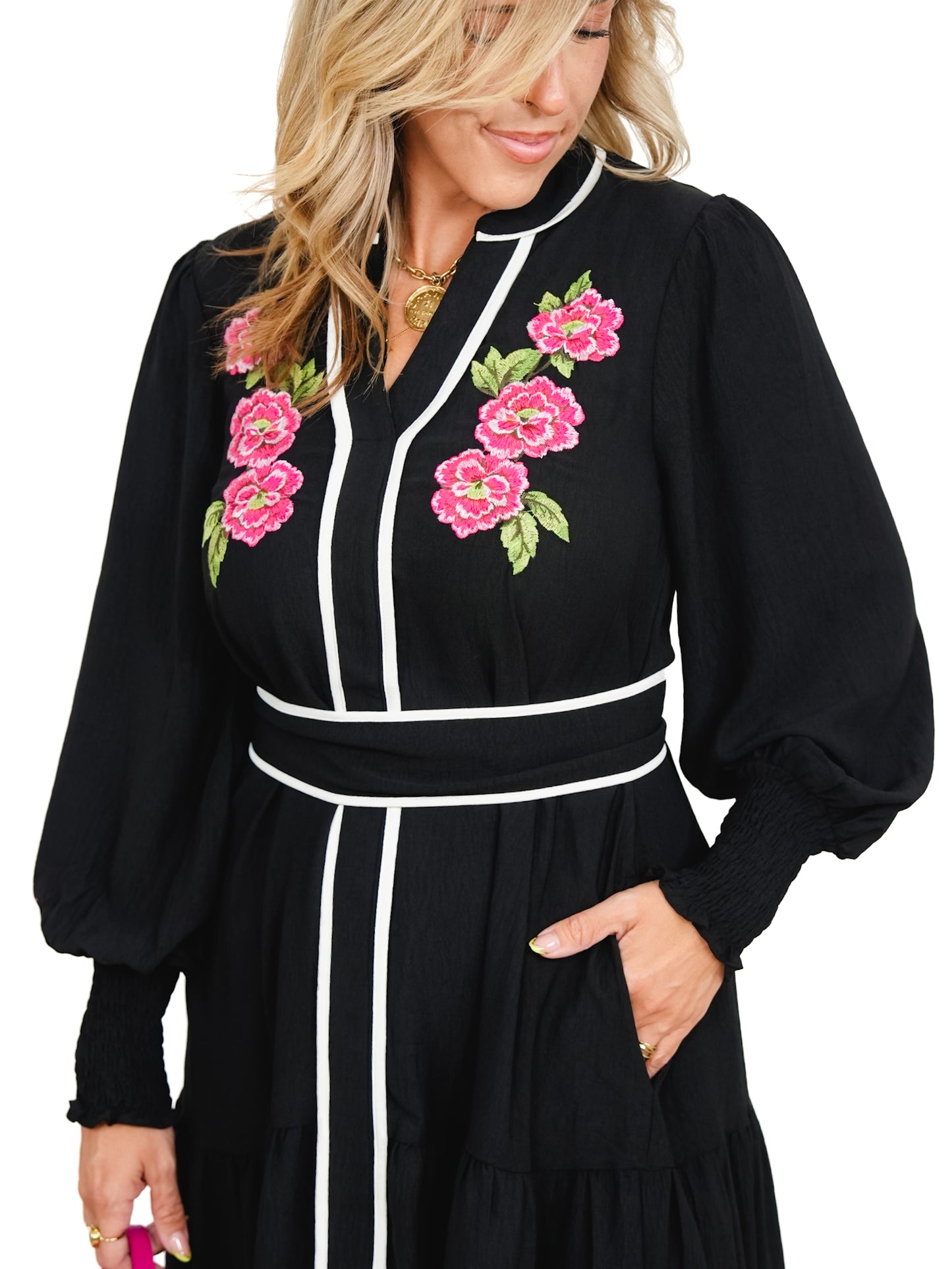 Plus/Reg Long Sleeve Midi Dress with Floral Embroidery