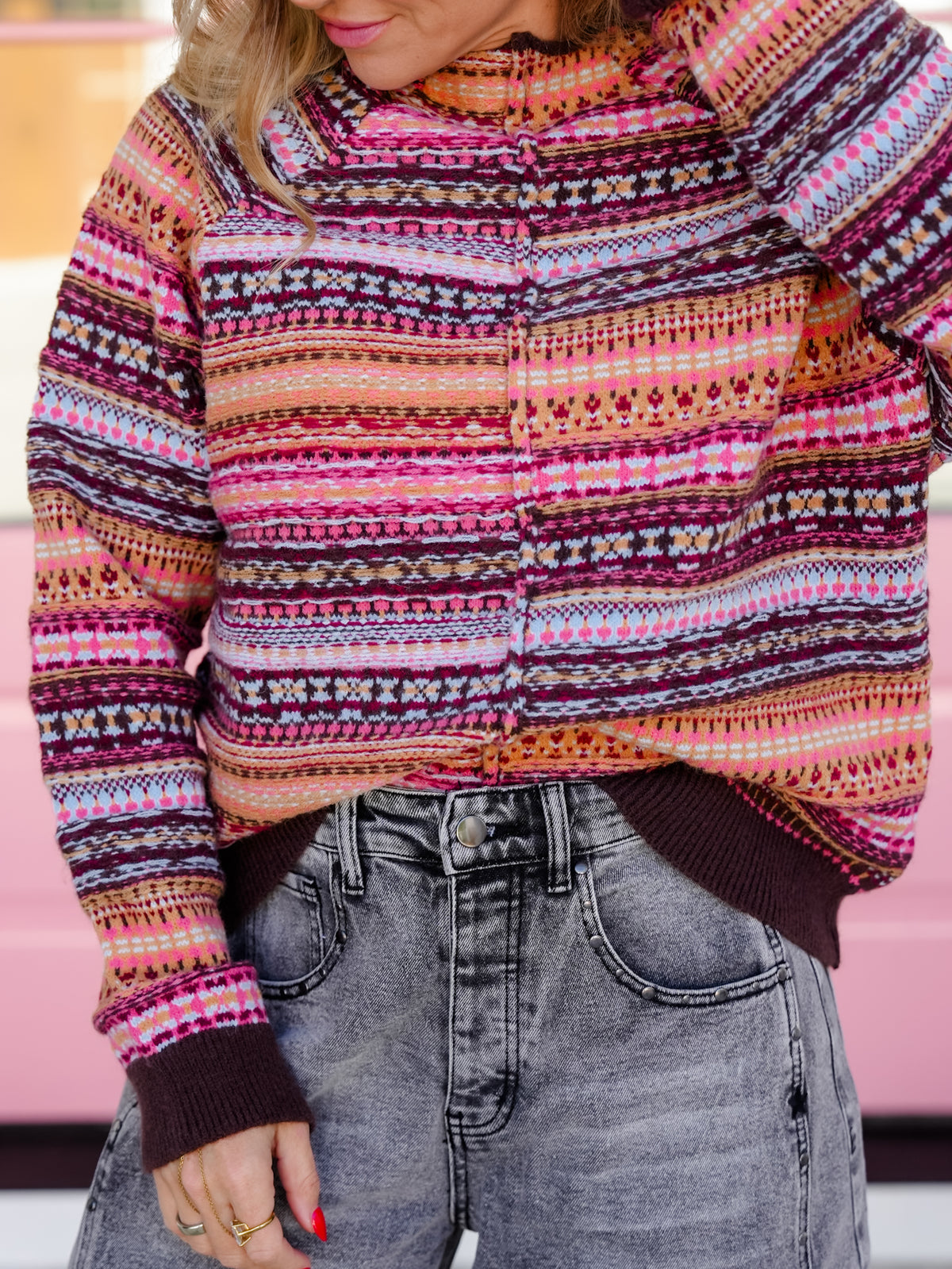 Multi Color Knit Long Sleeve Mock Neck Sweater