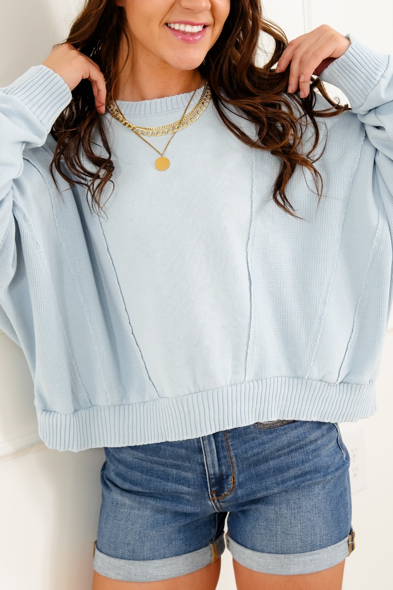 Washed Dolman Sleeve Sweatshirt with Waffle Knit Trim