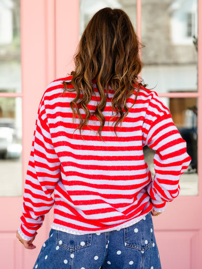 Stripe Long Sleeve Pullover Sweater with Crochet Trim