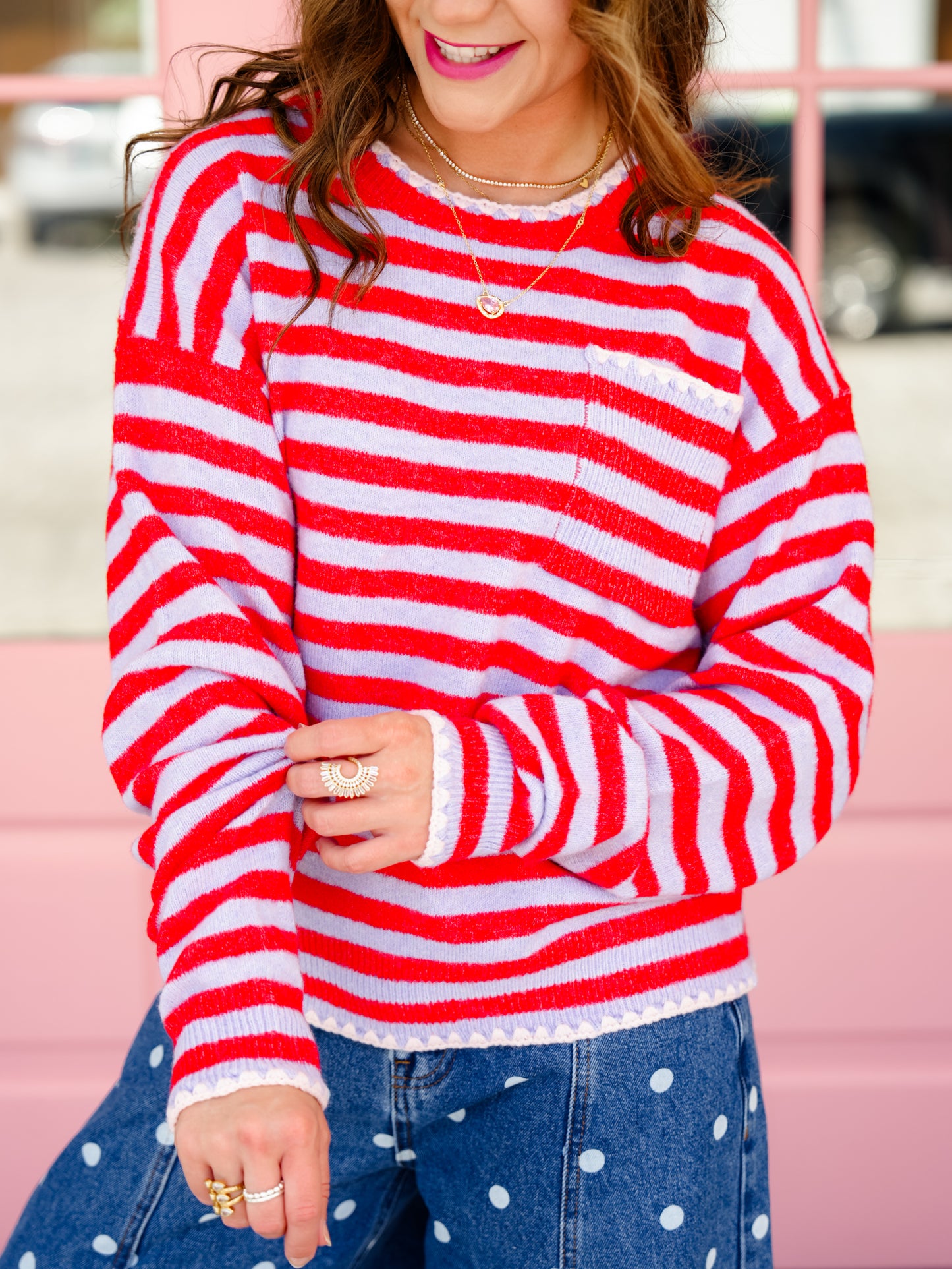 Stripe Long Sleeve Pullover Sweater with Crochet Trim