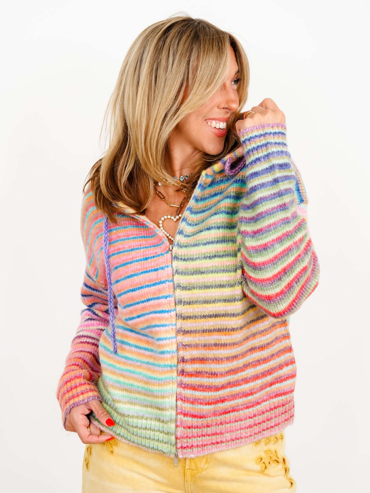 Rainbow Striped Long Sleeve Zip-Up Hooded Sweater