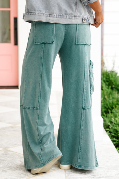 Mineral Wash Elastic Waist Pants With Cargo Pockets
