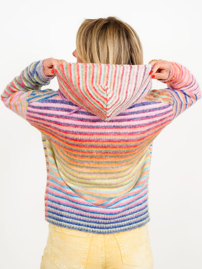 Rainbow Striped Long Sleeve Zip-Up Hooded Sweater
