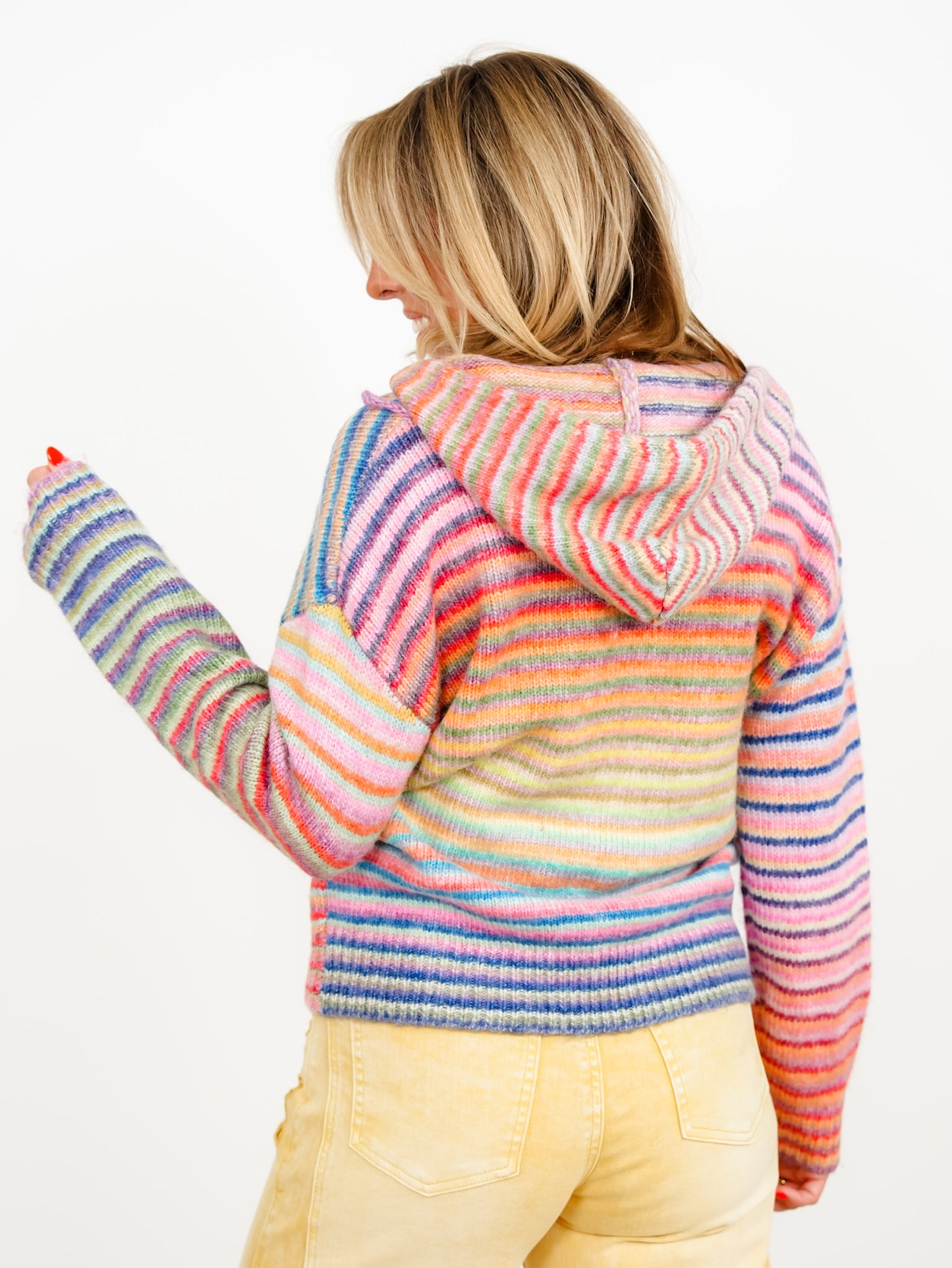 Rainbow Striped Long Sleeve Zip-Up Hooded Sweater