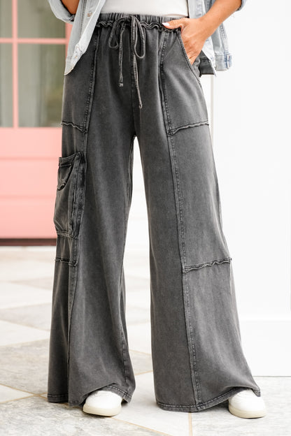Mineral Wash Elastic Waist Pants With Cargo Pockets