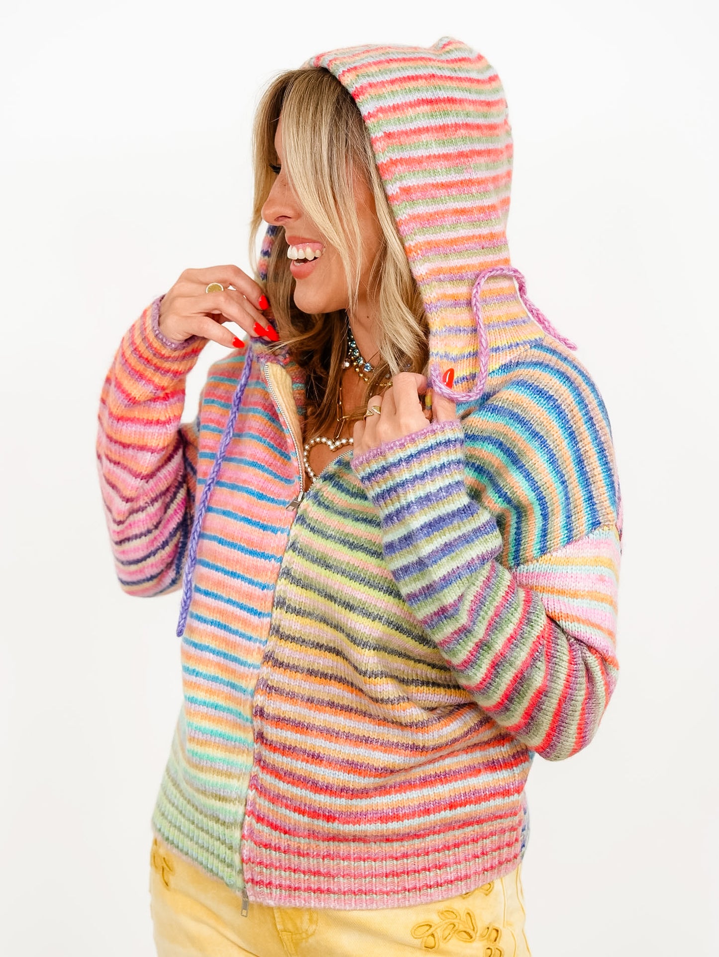 Rainbow Striped Long Sleeve Zip-Up Hooded Sweater