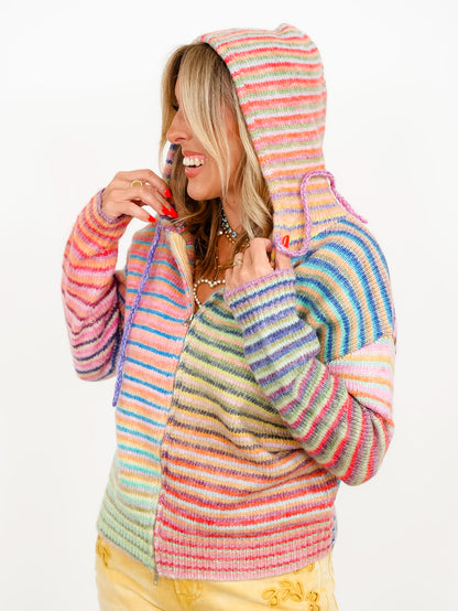 Rainbow Striped Long Sleeve Zip-Up Hooded Sweater