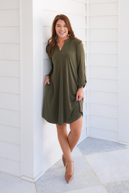 Door Buster! Plus/Reg Solid Button Tab Sleeve Split Neck Dress