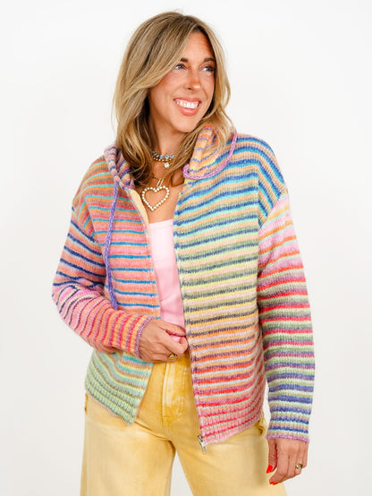 Rainbow Striped Long Sleeve Zip-Up Hooded Sweater