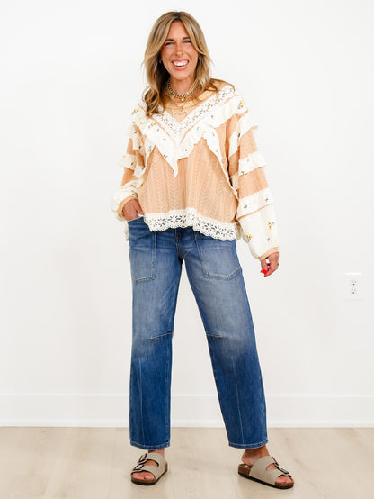 POL Textured Long Sleeve Top with Floral Ruffle Detail