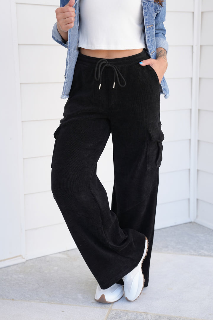 Plus/Reg Corduroy Elastic Waist Cargo Pants
