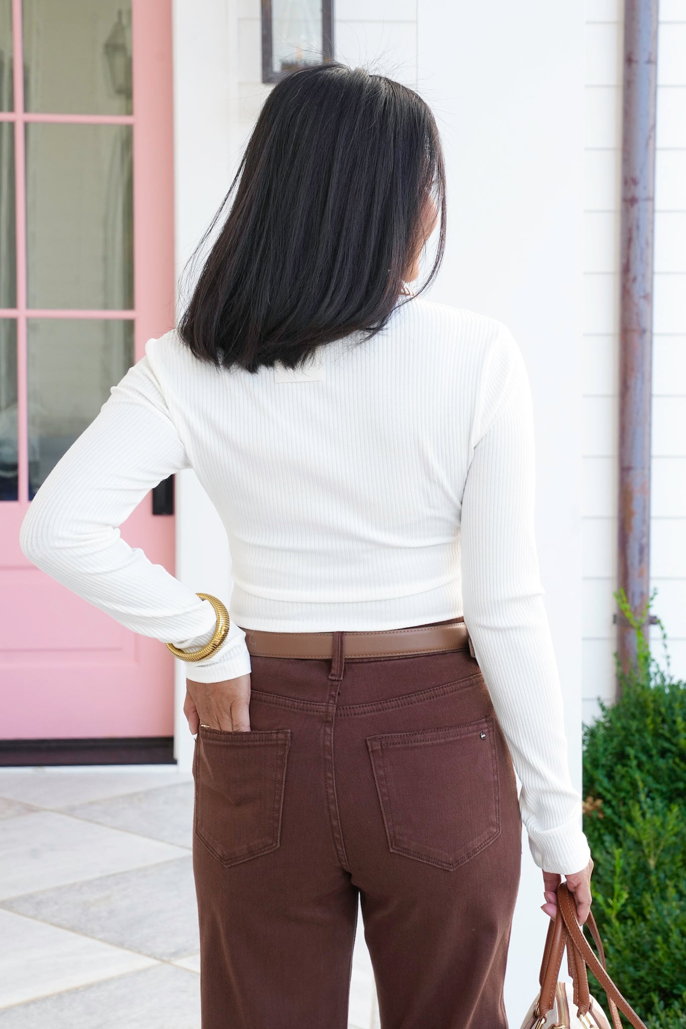 Ribbed Long Sleeve Button-Up Collared Top