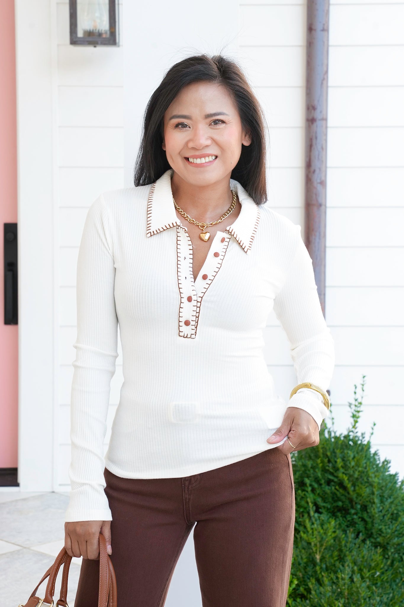 Ribbed Long Sleeve Button-Up Collared Top
