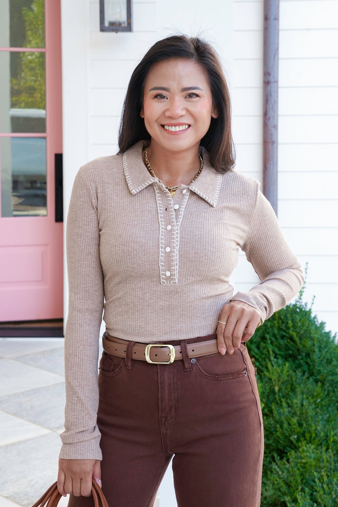 Ribbed Long Sleeve Button-Up Collared Top